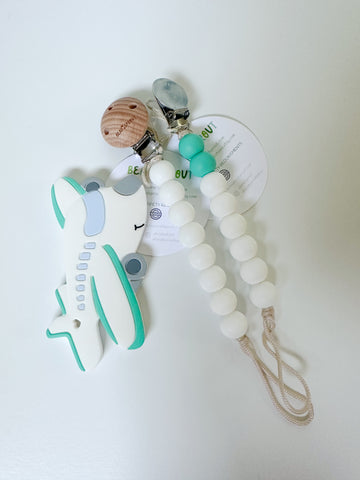 Buy turquoise-white Airplane Teether & Pacifier Clip Set | Baby Essentials | Bead Sprout