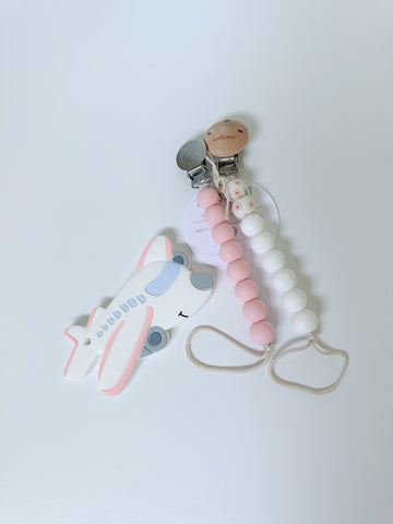 Buy pink-pink-white Airplane Teether & Pacifier Clip Set | Baby Essentials | Bead Sprout
