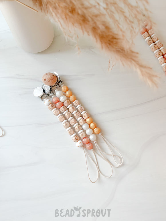 Metallic White Personalized Pacifier Clip, Custom Name Pacifier Clip, Bead Sprout