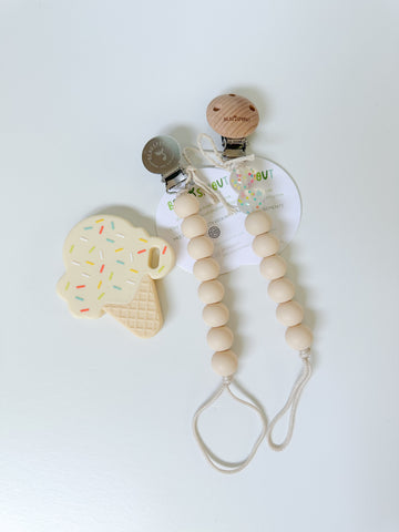 Pacifier Clip & Ice Cream Teether Baby Essential Bundle, Bead Sprout - 0
