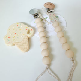 Bead Sprout silicone ice cream teether paired with two pacifier clips, gender neutral teething relief set for babies, modern baby accessory bundle