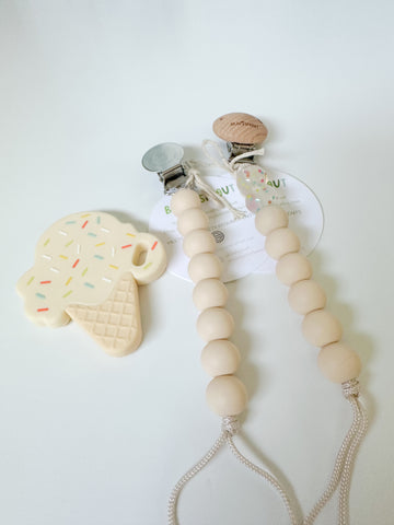 Pacifier Clip & Ice Cream Teether Baby Essential Bundle, Bead Sprout