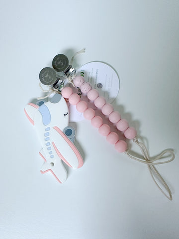 Buy pink Airplane Teether &amp; Pacifier Clip Set | Baby Essentials | Bead Sprout