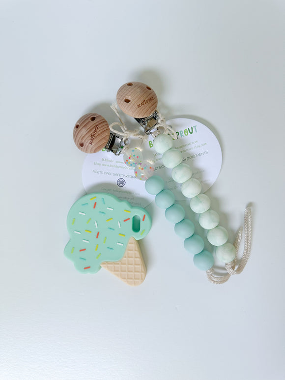 Pacifier Clip & Ice Cream Teether Baby Essential Bundle, Bead Sprout
