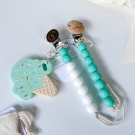 Silicone ice cream teether and two color-coordinated pacifier clips, CPSC-tested baby teething set and perfect baby shower gift.