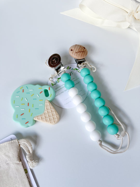 Pacifier Clip & Ice Cream Teether Baby Essential Bundle, Bead Sprout