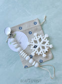 Snowflake Baby Teether & Speckled White Pacifier Clip, Bead Sprout