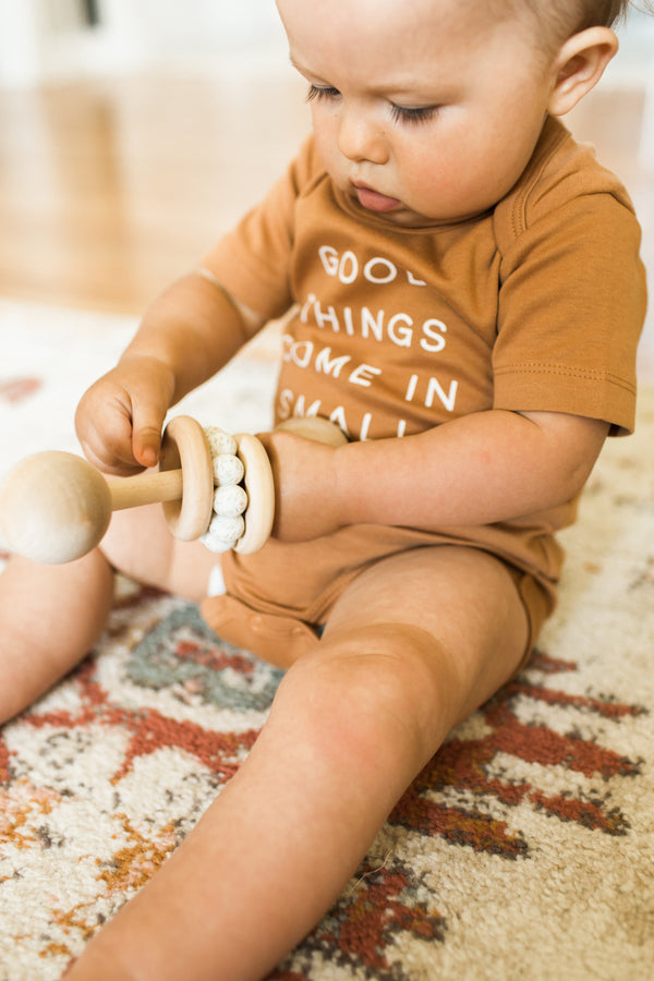 Personalized Wooden Baby Rattle with Silicone ring, Bead Sprout