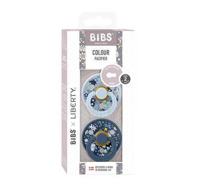 BIBS x LIBERTY Chamomile Lawn pacifier in baby blue floral print with natural rubber nipple packaged photo 