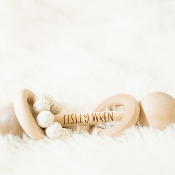 Personalized Wooden Baby Rattle with Silicone ring, Bead Sprout