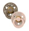 Bibs Liberty Floral Collection in Blush and Dark Oak Colored Pacifiers. Comes in set of 2. Nipple is Round Natural Rubber Latex