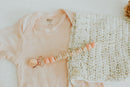 Personalized Pacifier Clip, silicone beaded pacifier clip, coral pink personalized pacifier clip with rose gold clip.