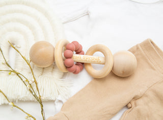 Buy cocoa Wood Baby Rattle toy with silicone ring, Bead sprout