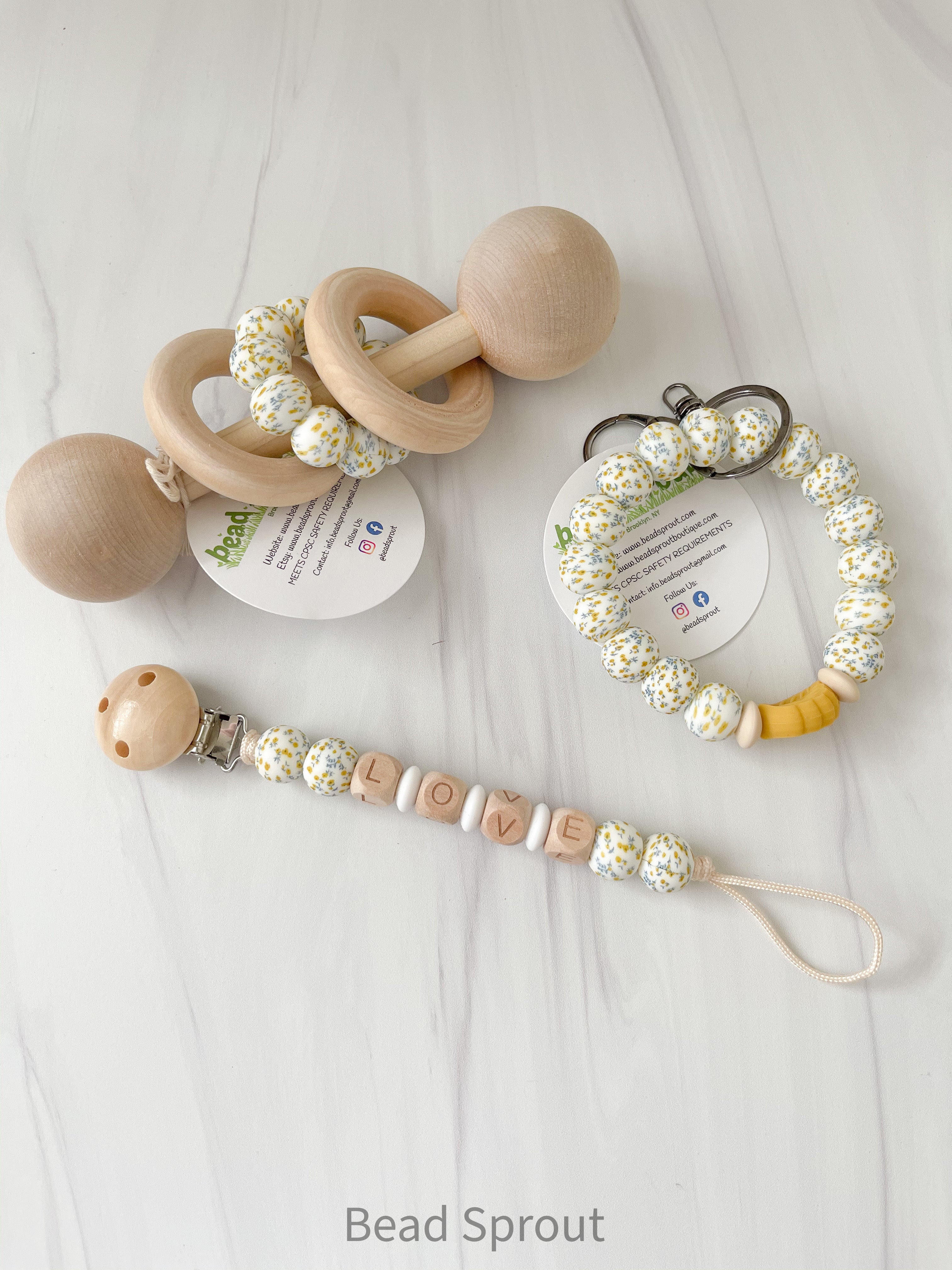 Baby Gift Set | Personalized Pacifier Clip, Wooden Rattle & Wristlet Keyring | Bead Sprout