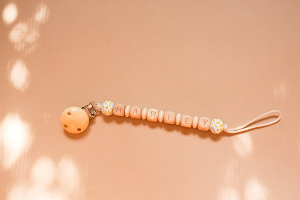 Personalized Pacifier Clip with yellow floral print bead, Baby shower gifts | Bead sprout