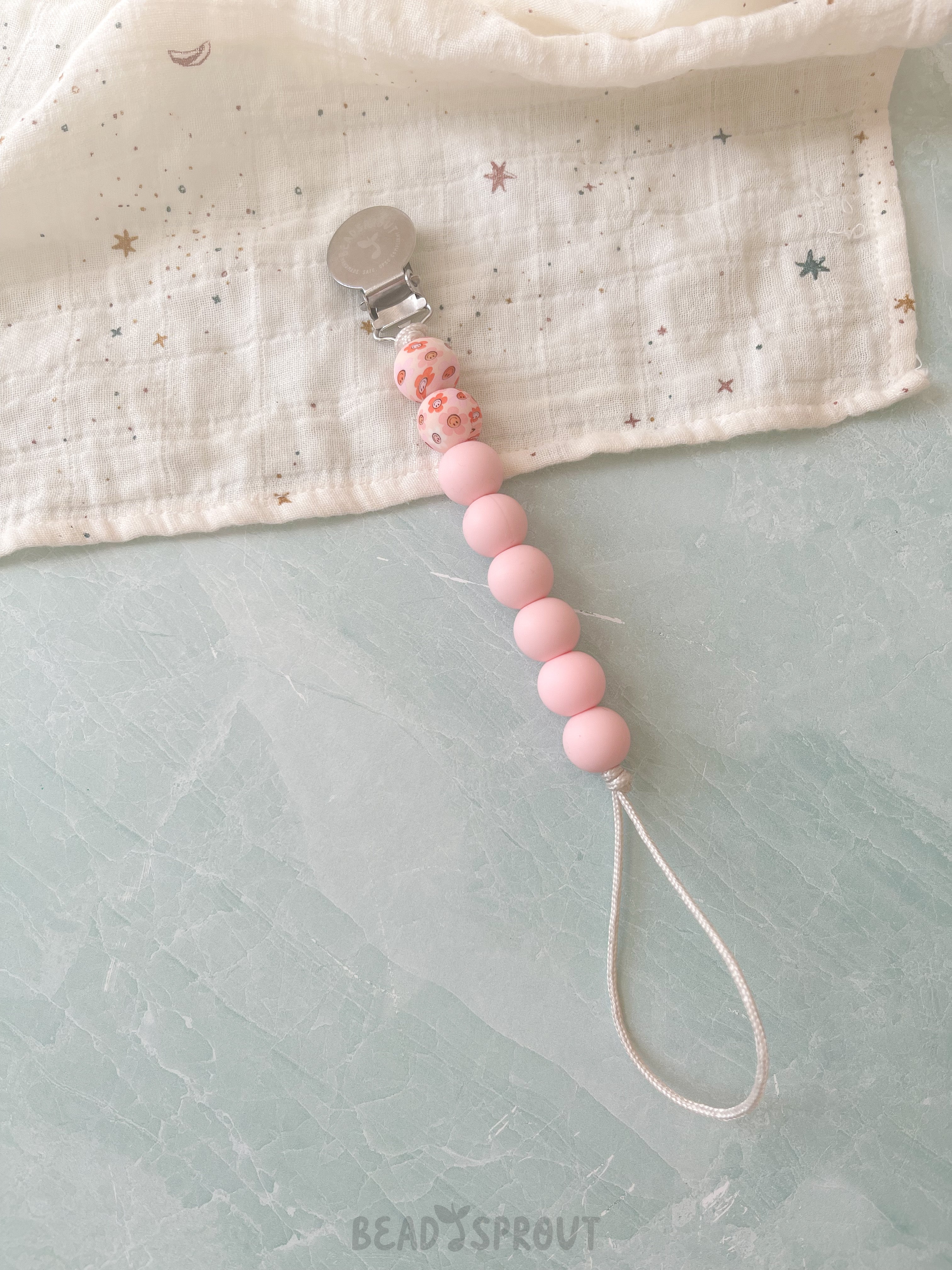 Classic Floral Pacifier Clip, Handmade Bead Sprout