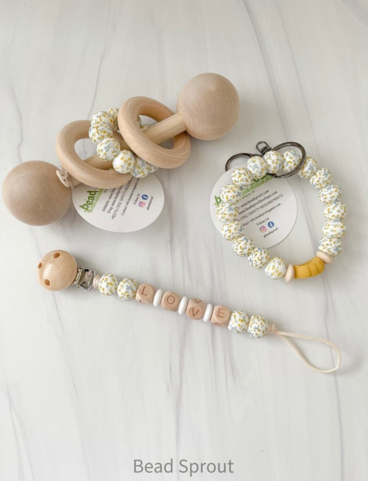 Yellow floral personalized pacifier clip | Bead sprout