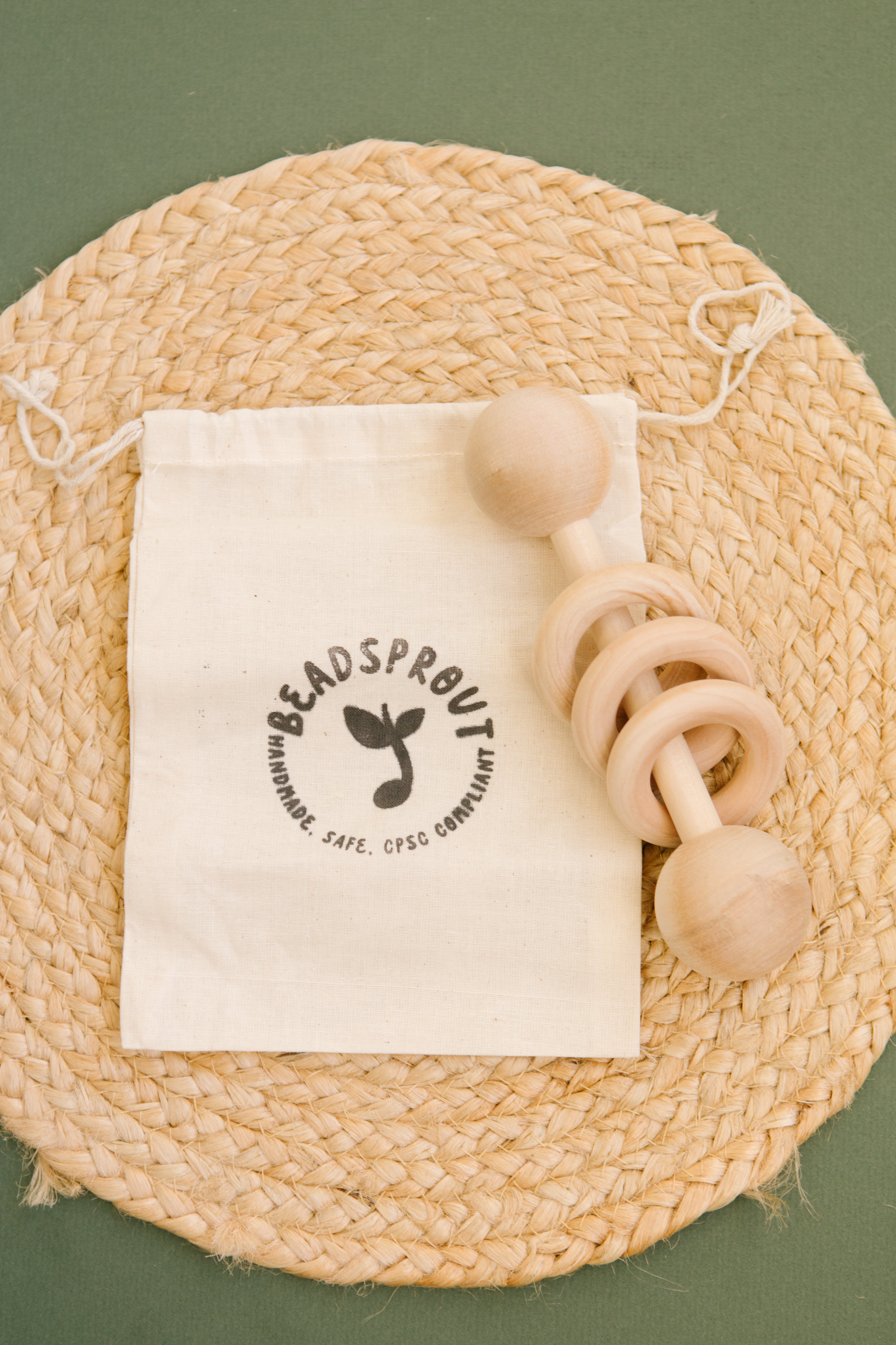 Wooden baby rattle with wood rings, Bead Sprout