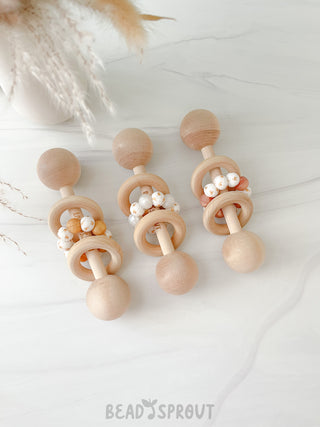 Buy white Wooden Baby Rattle toy with silicone ring, Bead sprout