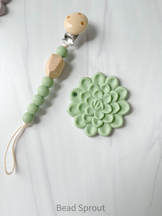 Buy sage Succulent Teether or Clip, Baby Teether and pacifier clip, Newborn gift set, Bead Sprout