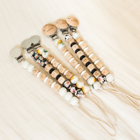 Boho Daisy Personalized Pacifier Clip, Custom Name Pacifier Clip, Bead Sprout