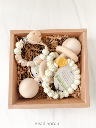 Handmade 3 piece baby gift set,  Personalized Pacifier Clip, Wooden Rattle & Wristlet keyring gift set, Bead Sprout