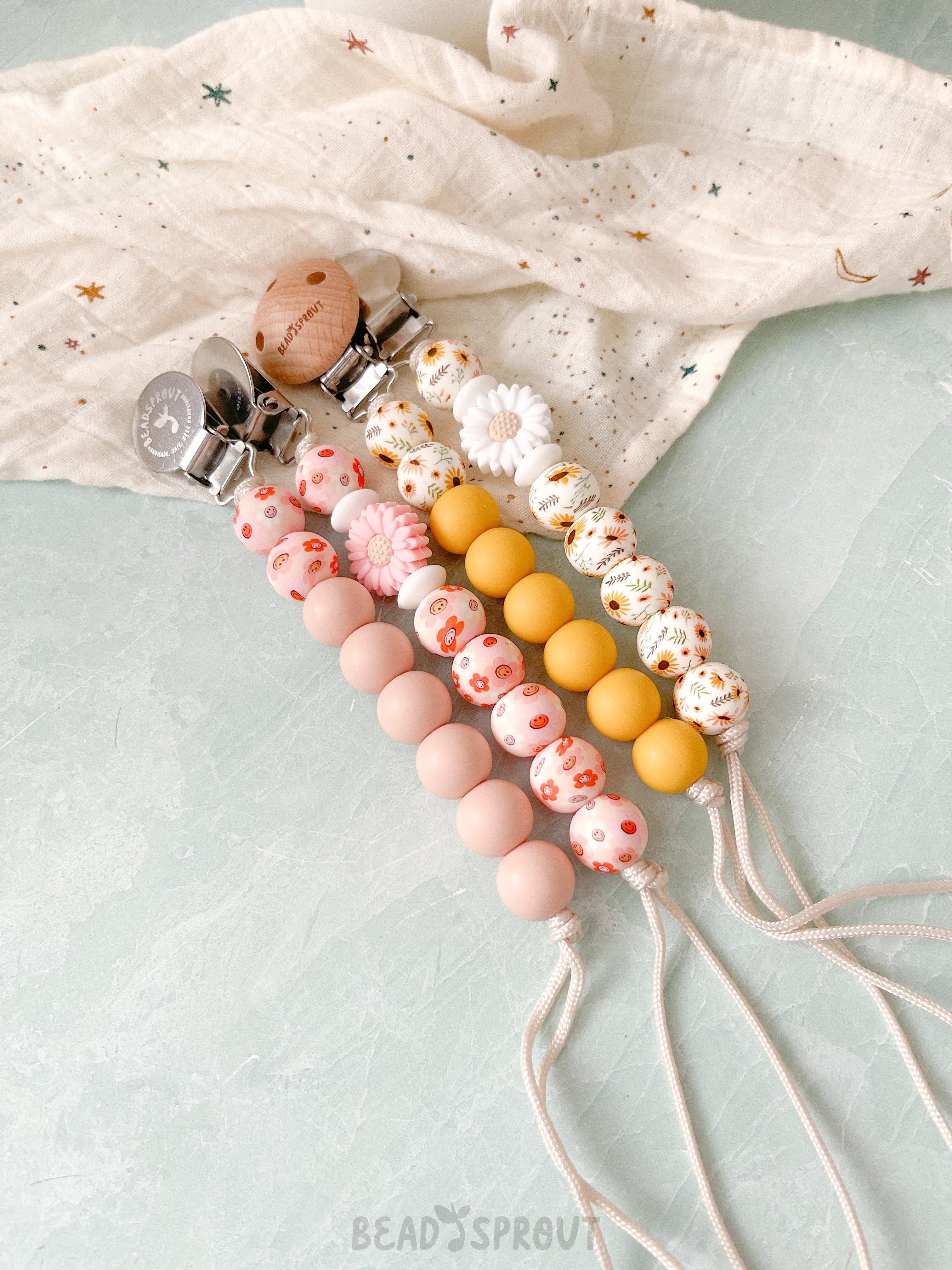 Classic Floral Pacifier Clip, Handmade Bead Sprout