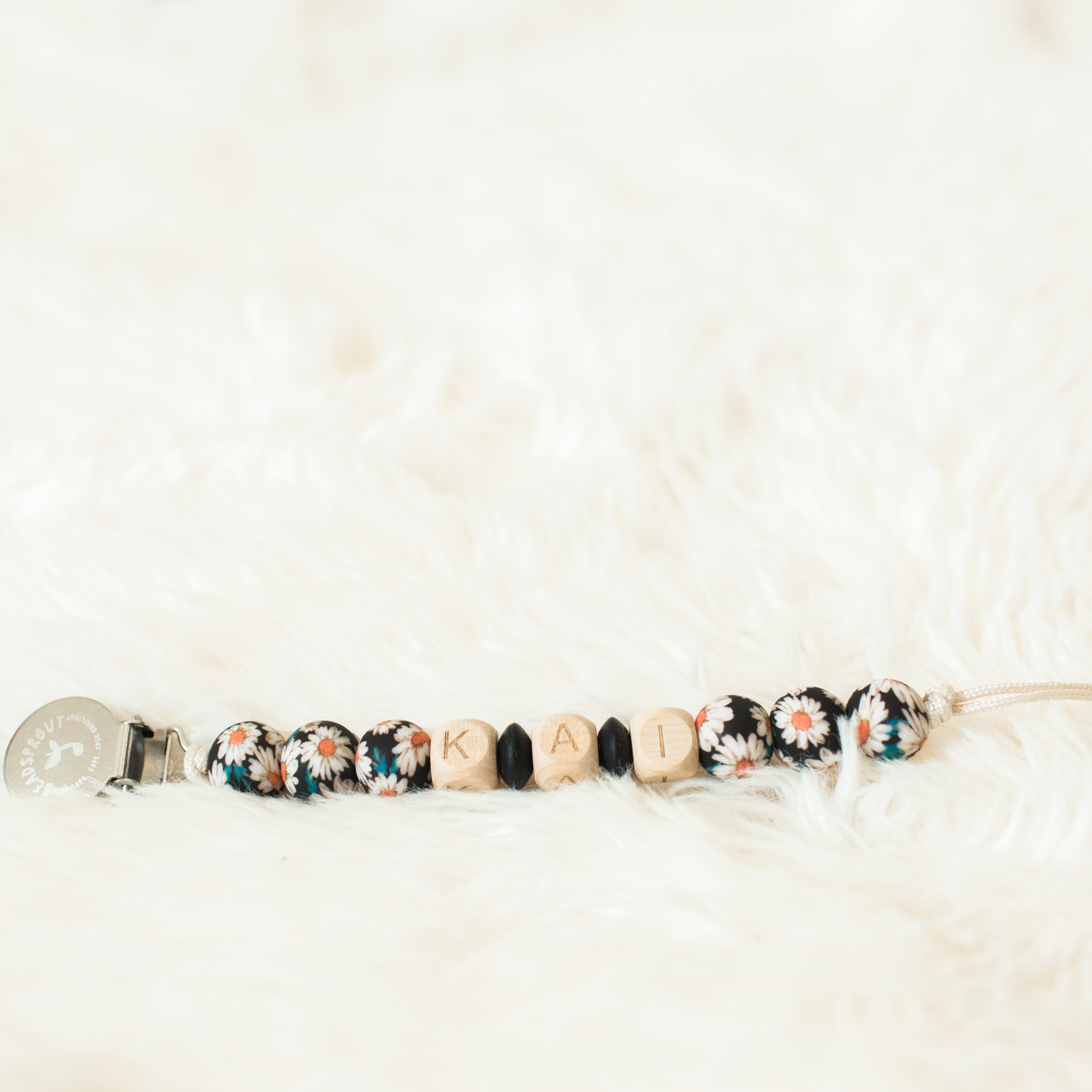 Boho Daisy Black Personalized Pacifier Clip, three to 6 letters customized pacifier clip. Baby pacifier clip in black daisy