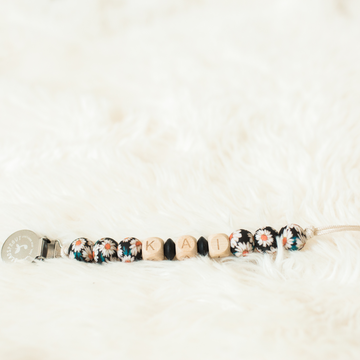 Boho Daisy Black Personalized Pacifier Clip, three to 6 letters customized pacifier clip. Baby pacifier clip in black daisy