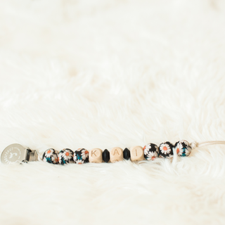 Boho Daisy Black Personalized Pacifier Clip, three to 6 letters customized pacifier clip. Baby pacifier clip in black daisy